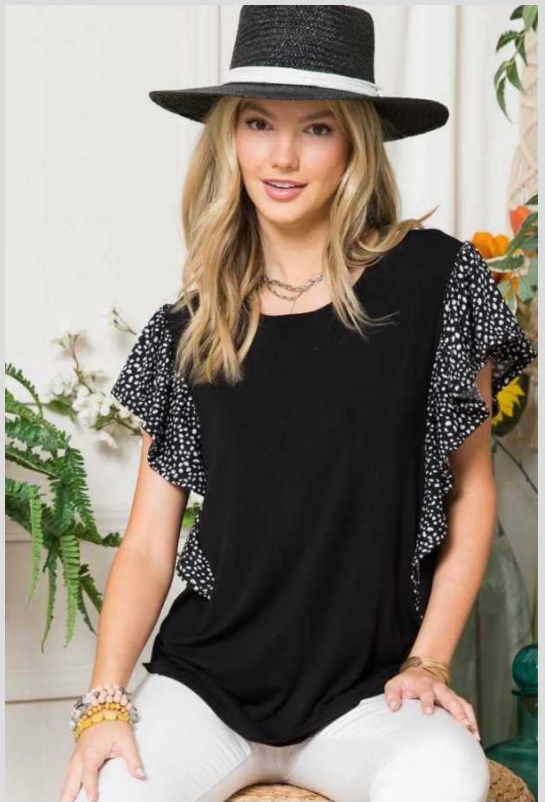 85 CP-B {A Flutter Above} Black Top W/Print Contrast PLUS SIZE 1X 2X 3X - Image 3