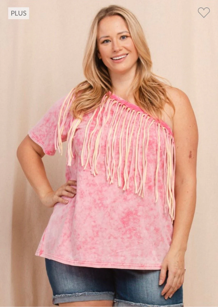 87 OS-A {Honey Punch} Washed Fuchsia Double Fringed Top PLUS SIZE 1X 2X 3X - Image 3