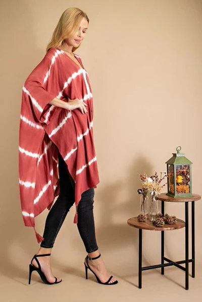 93 OT-C {Life Is Good} Brick Red Tie Dye Kimono PLUS SIZE 1X/2X  2X/3X - Image 3