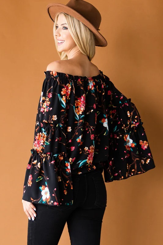 96 OS-A {Make My Heart Race} Black Floral Ruffled Sleeve Top PLUS SIZE XL 2X 3X - Image 4