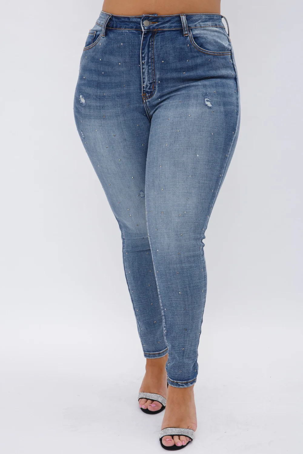 BT- I {Vocal Studs} Medium Denim Jeans w/Studs PLUS SIZE XL 2X 3X - Image 4