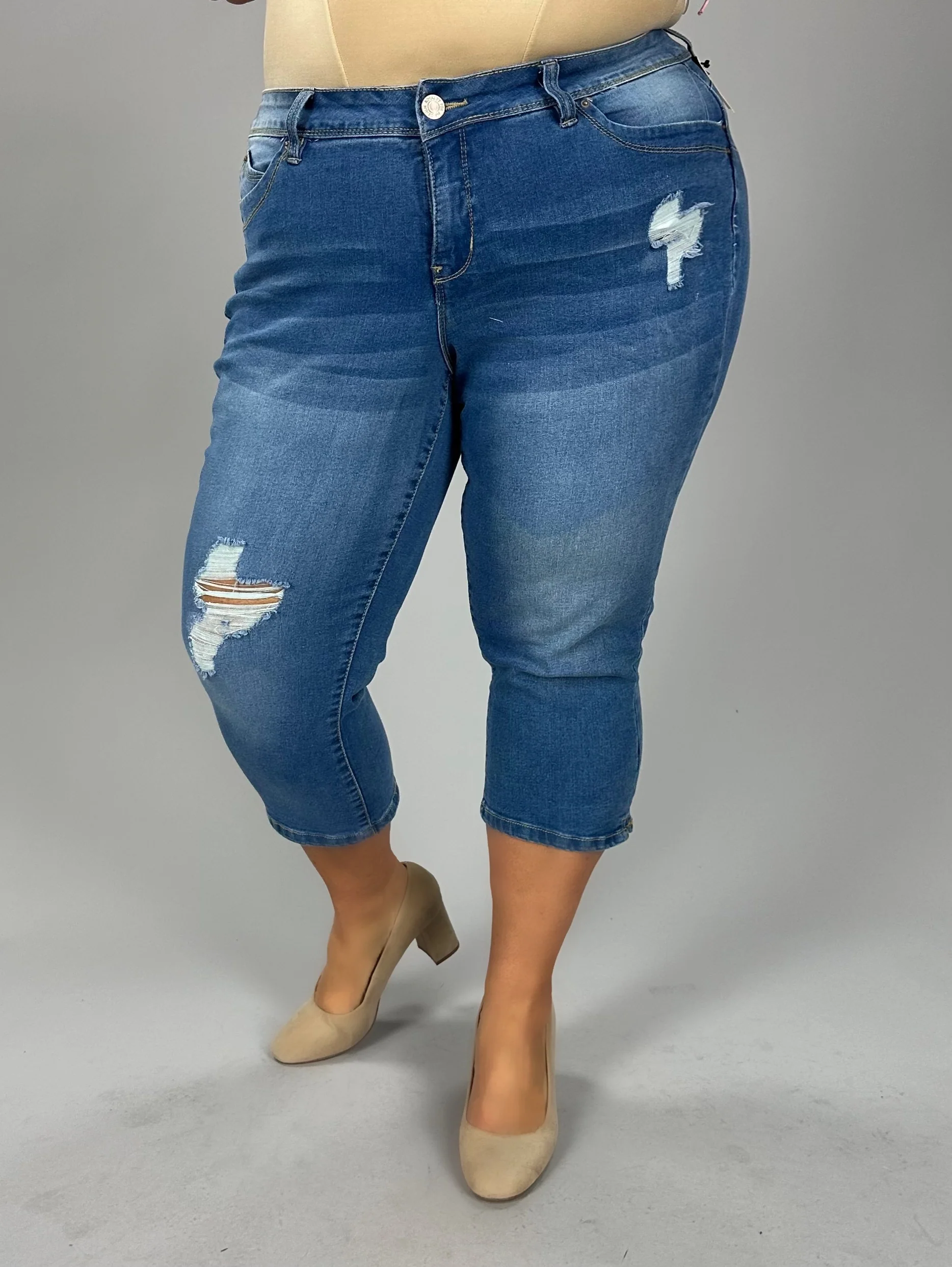 LEG-61 {Royalty For Me} Med. Blue Ripped Capri Jeans   PLUS SIZE 14 16 18 20 22 24 - Image 2