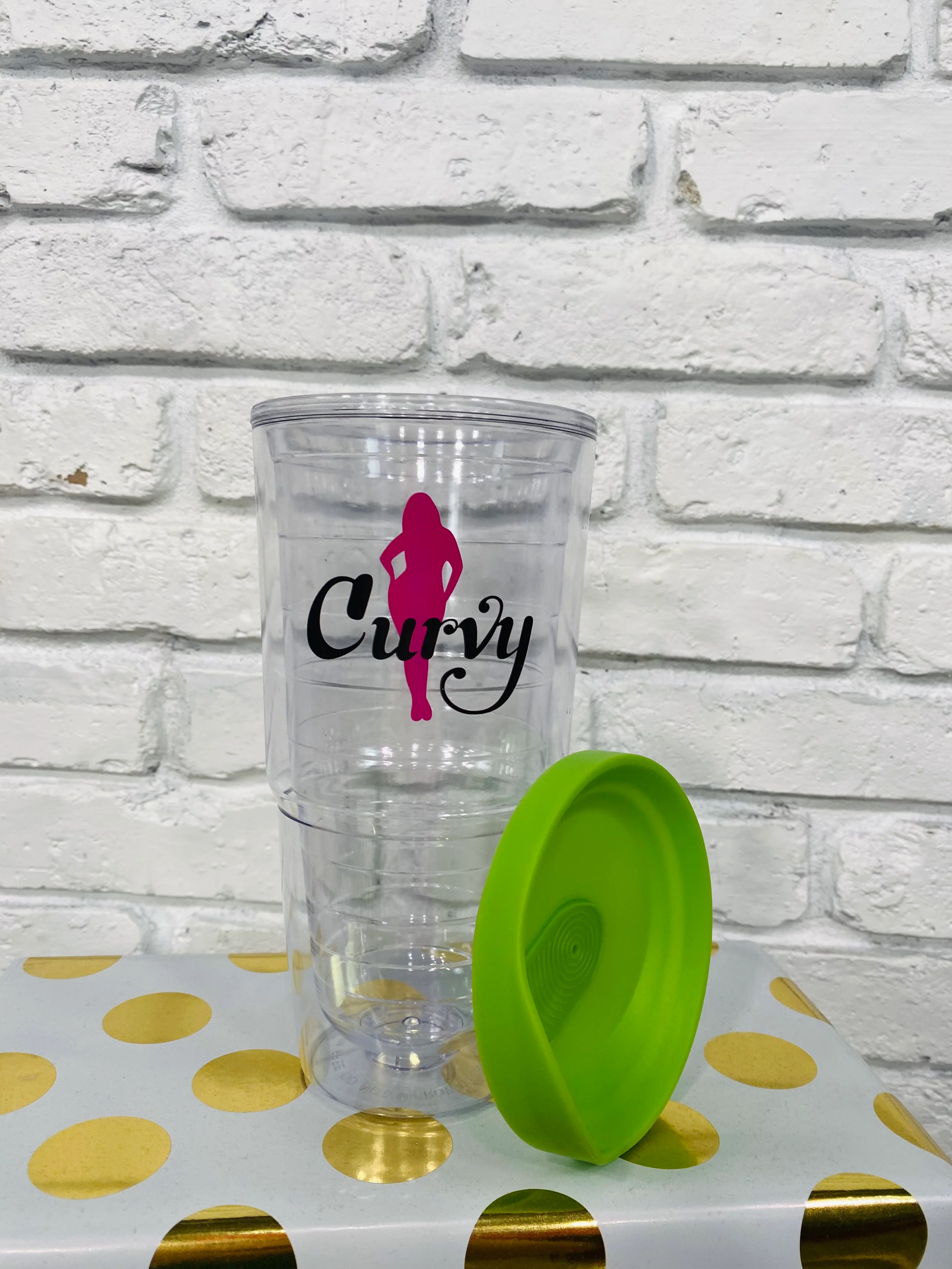 Curvy Tumbler Clear w/Logo & Green Lid 24 oz.