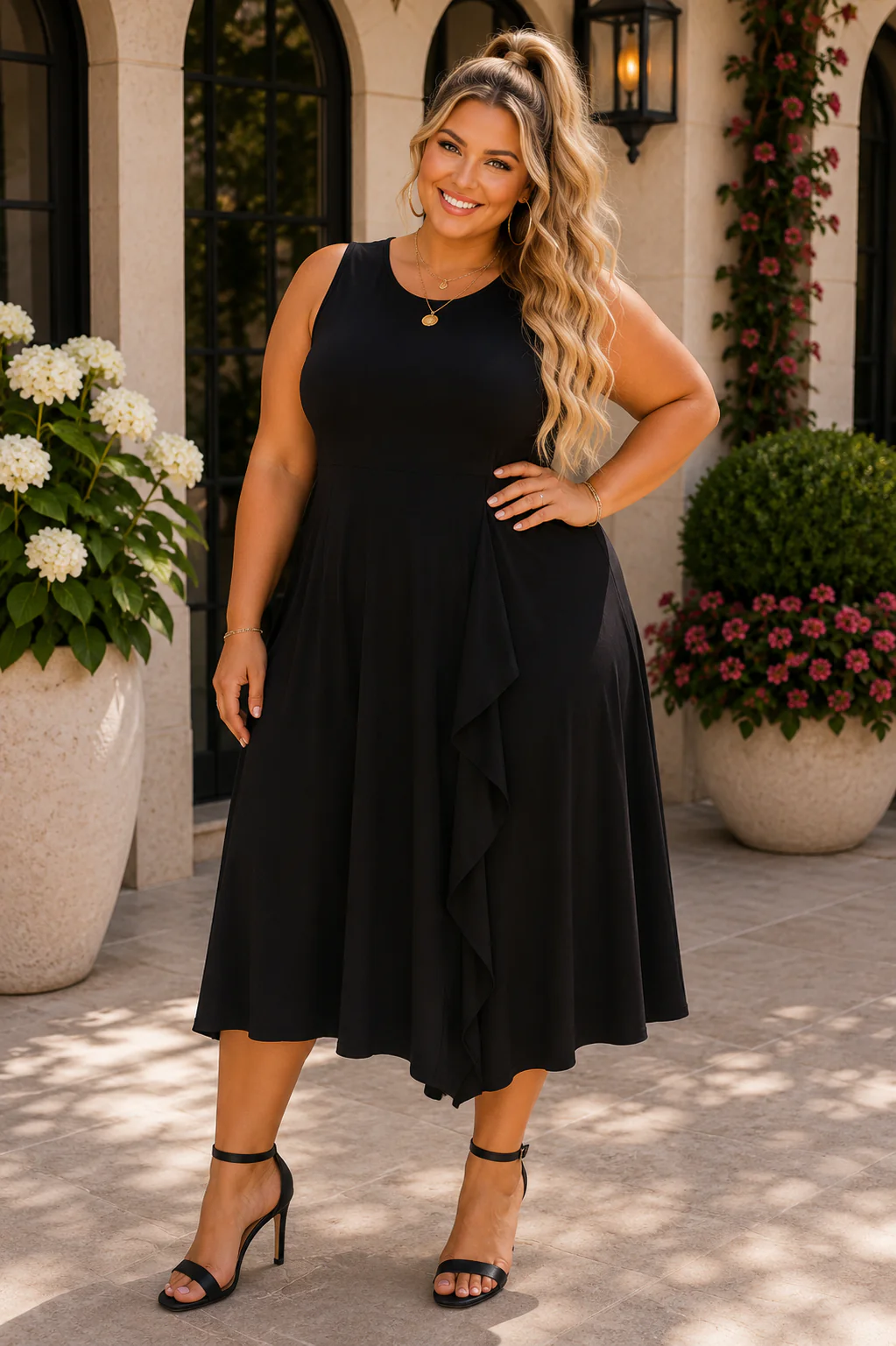 LD-D  M-109  {Calvin Klein} Black Midi Dress Retail 129.50 PLUS SIZE 2X 3X