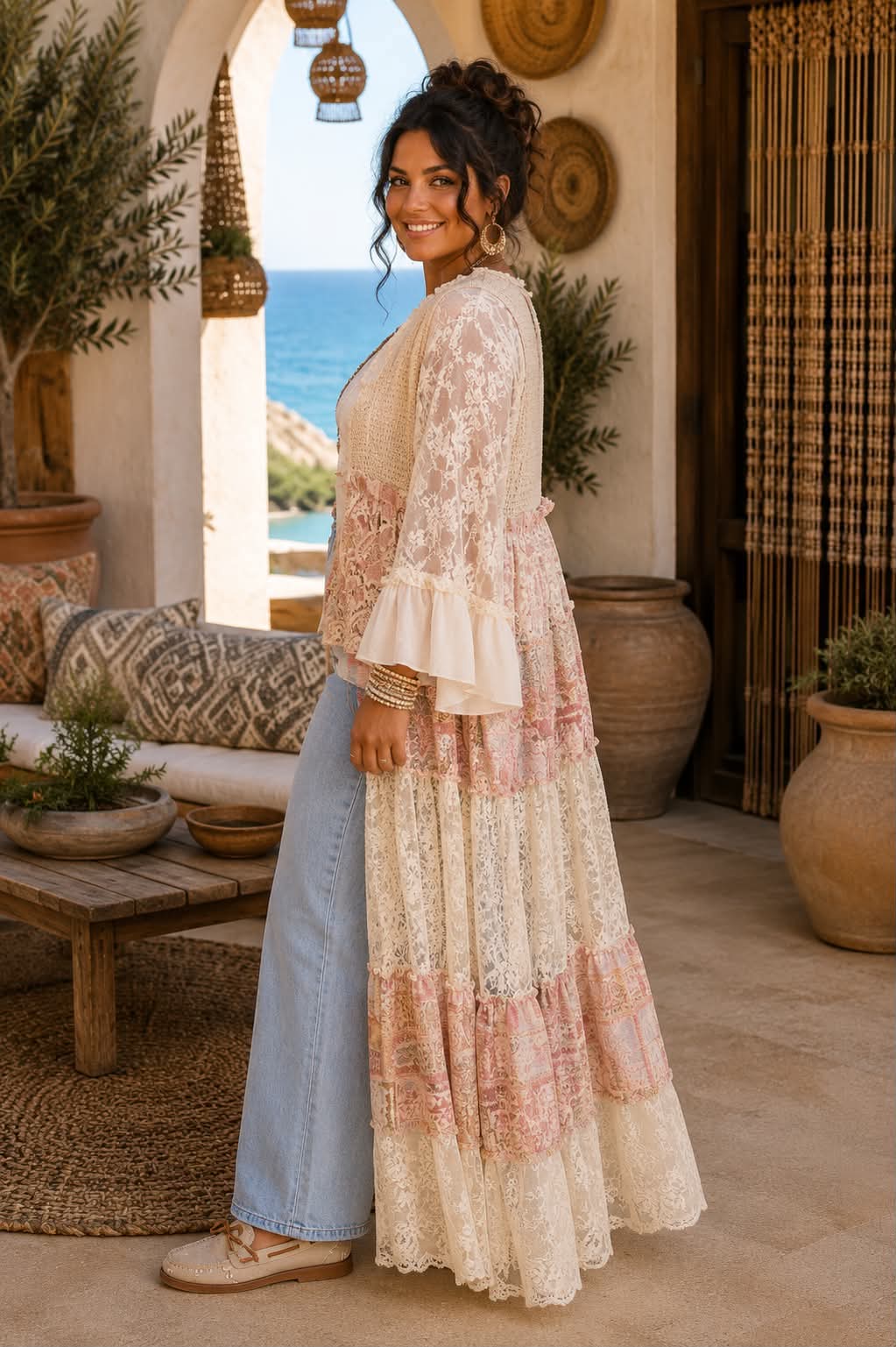 LD {Delicate Dreams} Beige Pink Waffle Lace Boho Tiered Duster PLUS SIZE 1X 2X 3X - Image 2