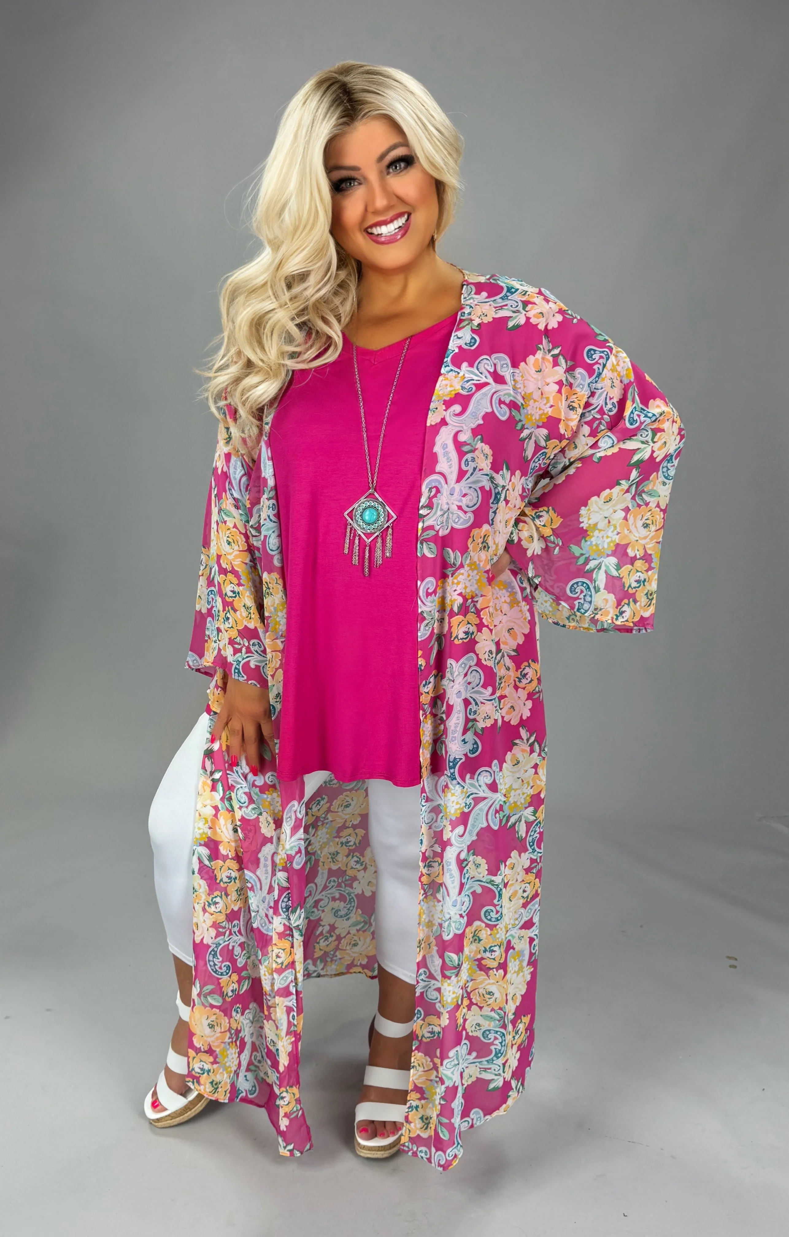 LD {Floral Daydream} Hot Pink Floral Sheer Duster Kimono PLUS SIZE 1X 2X 3X - Image 4