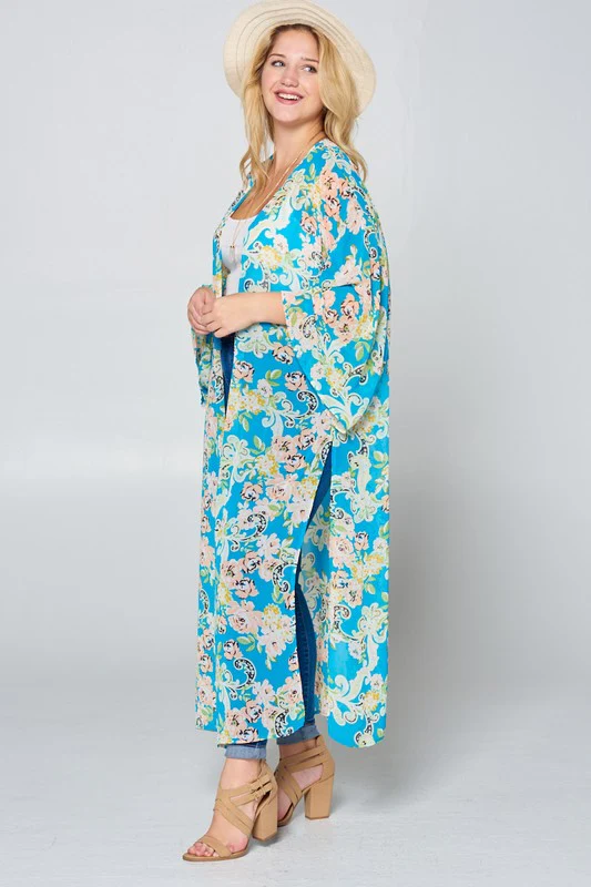 LD {Floral Daydream} Turquoise Floral Sheer Duster Kimono PLUS SIZE 1X 2X 3X - Image 3