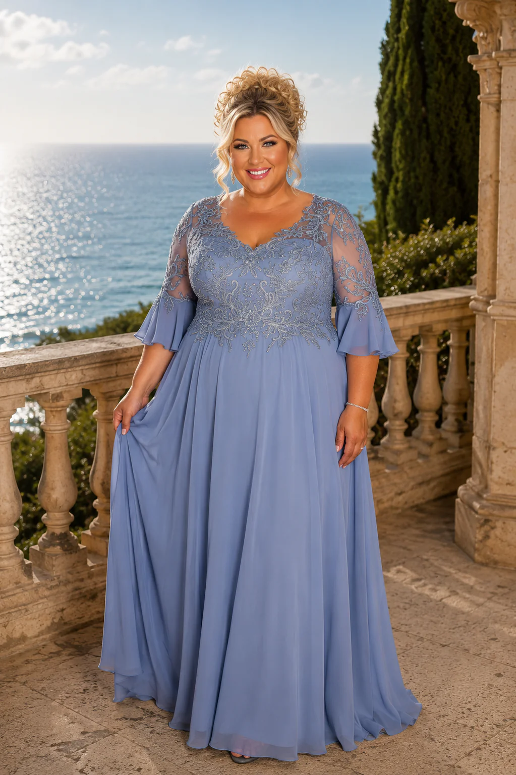 LD-G {Wish Me Joy} Slate Blue V-Neck Gown w/Scarf EXTENDED PLUS SIZE 4X