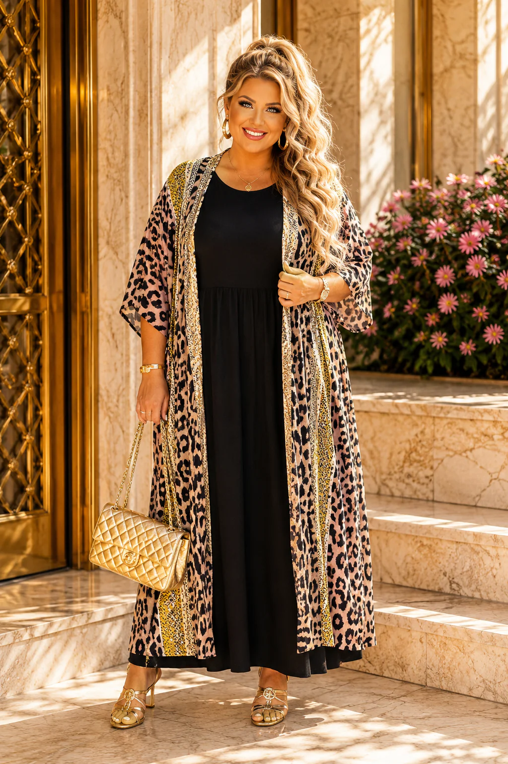 LD-M {Reaching Out} Mocha/Golden Multi-Print Kimono PLUS SIZE XL 1X 2X