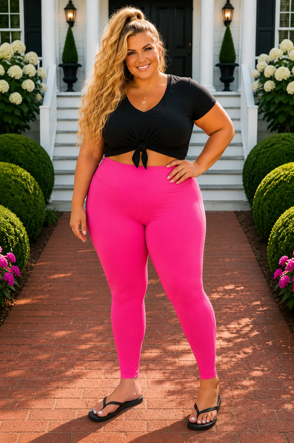 LEG-43 {Sporty Vibe} Hot Pink Wide Waistband Leggings  PLUS SIZE 1X 2X 3X
