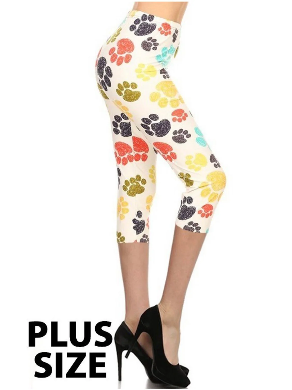 LEG-14 {Ruff Ruff} Cream Paw Print Butter-Soft Capri Leggings PLUS SIZE - Image 2