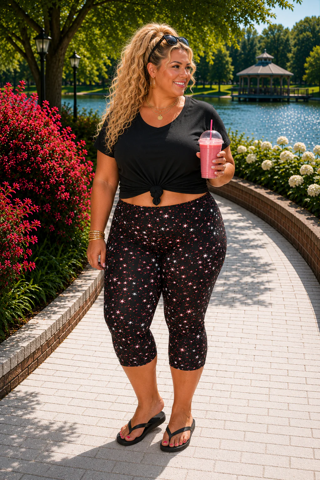 LEG-70 {Spectacular Sparkles} Red/Blue Star Capri Leggings EXTENDED PLUS SIZE 3X/5X