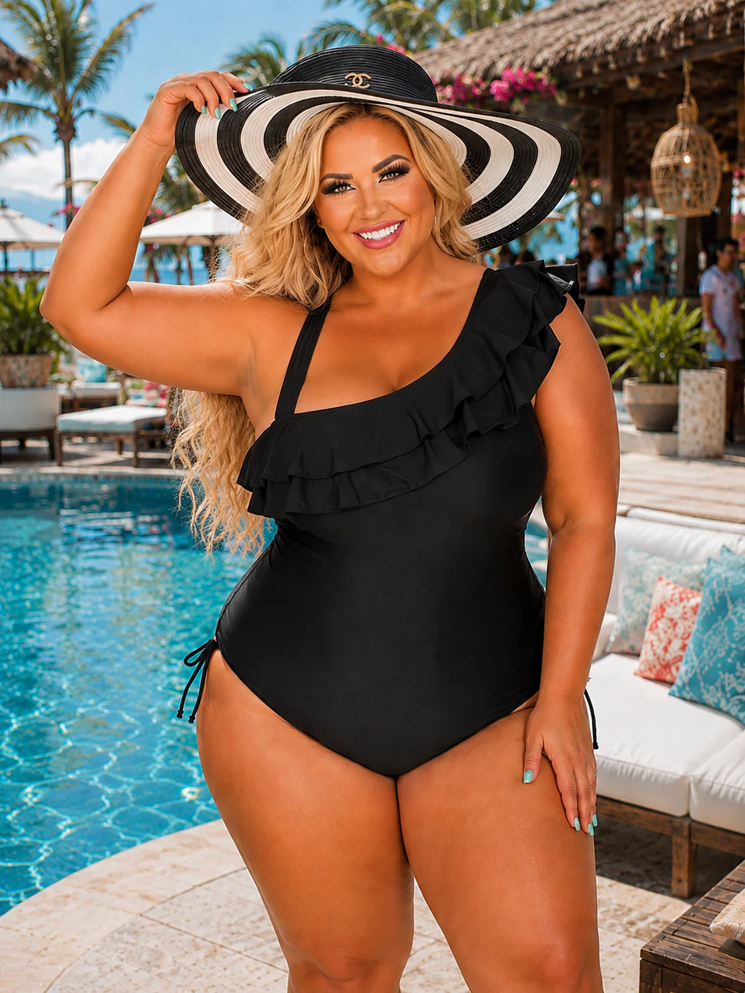 SWIM-A {One Shoulder Wonder} Black Ruffled One Piece Swimsuit PLUS SIZE 1X 2X 3X
