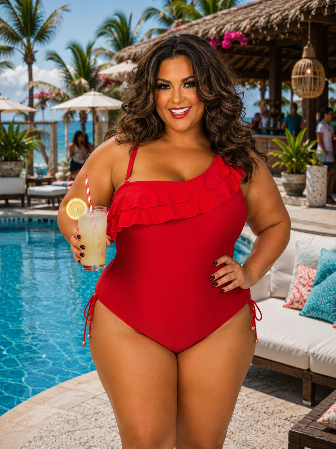SWIM-A {One Shoulder Wonder} Red Ruffled One Piece Swimsuit PLUS SIZE 1X 2X 3X